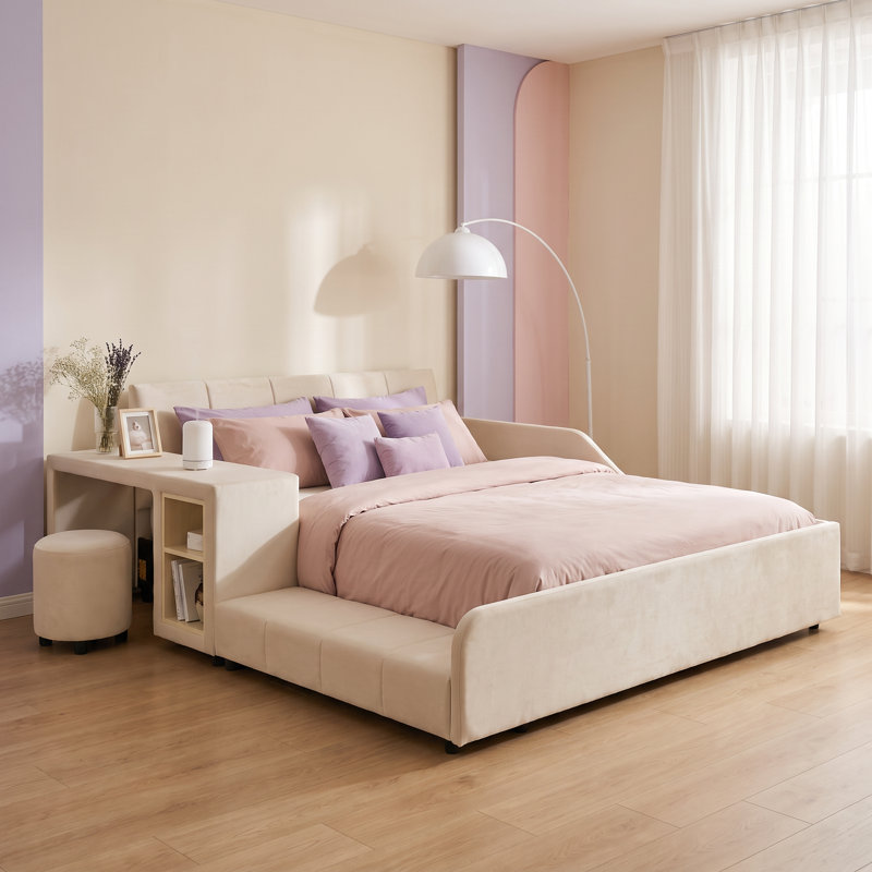 Cadre de lit mère-enfant recouvert de velours, avec table de chevet et tabouret rond, taille standard, beige, Lit double