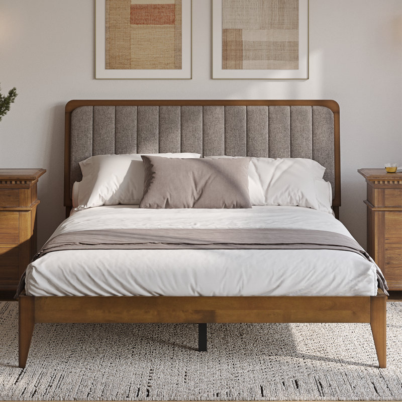 Bethelmie Solid Wood Upholstered Headboard Bed Frame, Full, Walnut/Brown