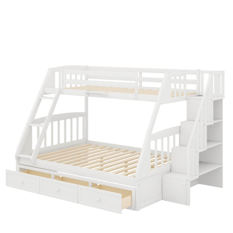 Lit superposé simple au-dessus de double avec échelle, tiroirs et escalier de rangement, Blanc