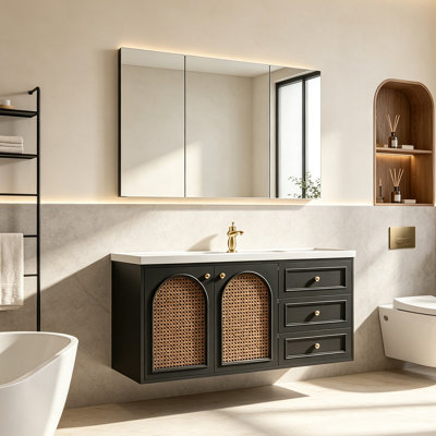 Meuble-lavabo français rétro en bois d'hévéa avec lavabo en céramique et portes en rotin