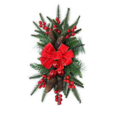 Artificial Christmas Teardrop Swag, 19.7"L x 11.8" W Pine Swag with Red Bow Berries Pinecones Xmas Front Door Wall Hanging Decor