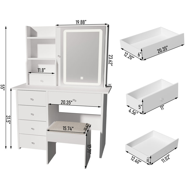 Aullville Vanity Desk with Sliding Mirror and LED Lights & Charging Station with Stool, White