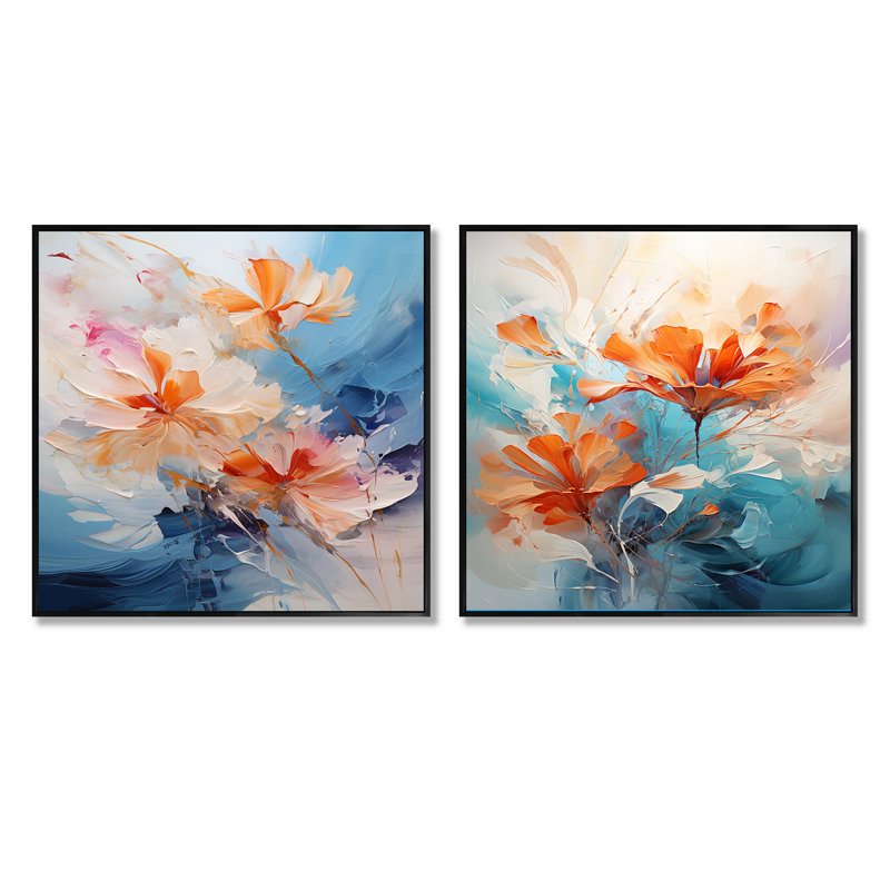 Beige et bleu chuchotement brise - paysages abstraits ensemble de collage carré de 2, Cadre flottant noir, H 16 po x l 33 po