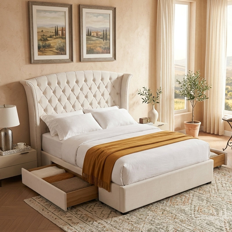 Button Tufted Wingback Velvet Upholstered Platform Bed with Storage Drawers, Queen, Cream Velvet, Cream, Queen