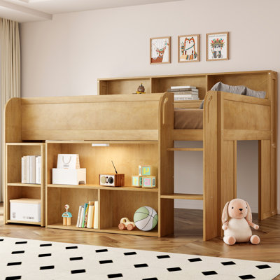 Lit mezzanine double en bois avec bureau, lumière DEL et 8 tablettes de rangement, structure en bois massif, aucun sommier requis, noyer