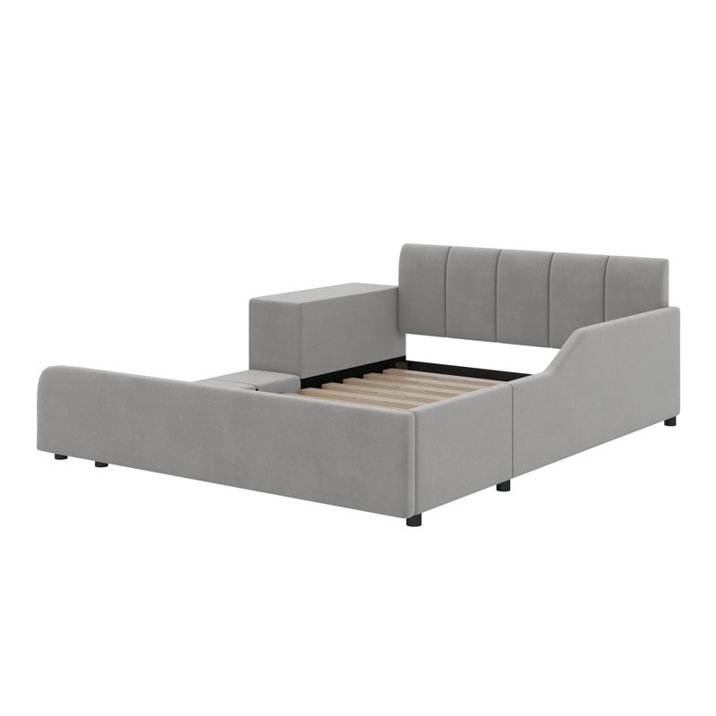 Ilyne Full Size Upholstered Bed, Mother & Child Bed with Bedside Desk and Little Round Stool, Gray