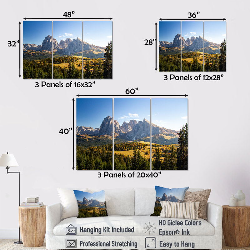 Couvert de montagnes, Dolomites en Italie - ensemble d'art mural Italie, Toile tendue, H 28 po x l 36 po x P 1 po