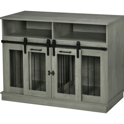 Large Dog Crate Furniture, Gray, With Sliding Doors & Graceful Design - Gray Table Removable Divider Modern Look