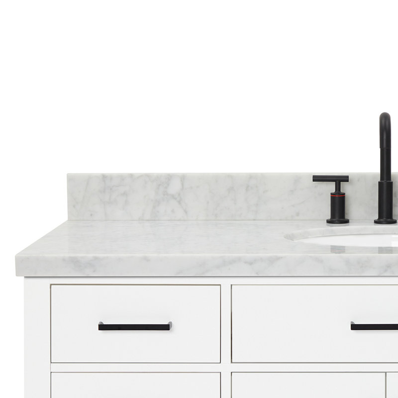 Thornaby 54'' Solid Wood Single Bathroom Vanity with 1.5'' Carrara Marble Top Sink, White / Matte Black, Oval