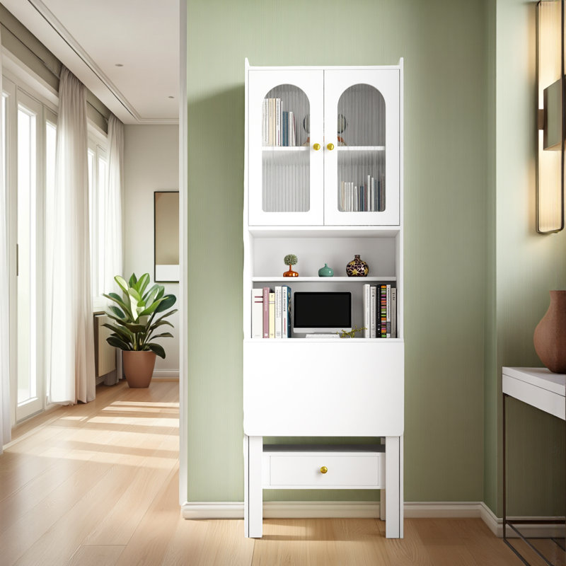 Multi-Functional Foldable Writing Desk with Convertible Bookshelf, Shelves, Drawer
