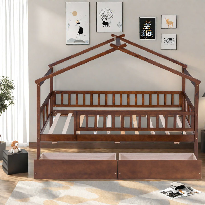 Spacieux lit simple en bois, finition noyer avec tiroirs de rangement