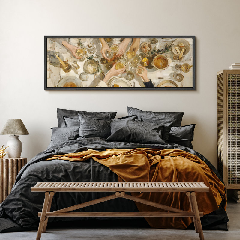 Warm Toned Feast Celebration Artwork Extra Large Pictures Framed Canvas Print Wall Art, 20" H x 60" W, Black