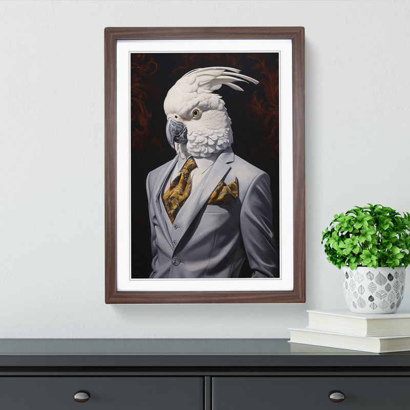 Cockatoo in a Suit No.3 1 Piece Single Picture Frame Wall Art, 64cm H x 46cm W x 2cm D, Walnut