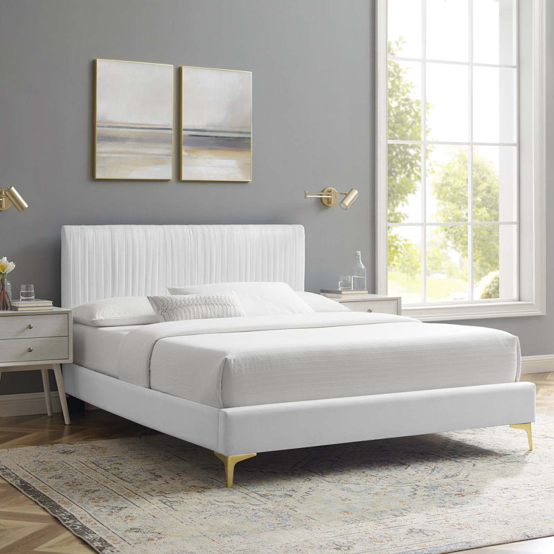 Lit plateforme en velours Peyton Performance, Blanc, Grand