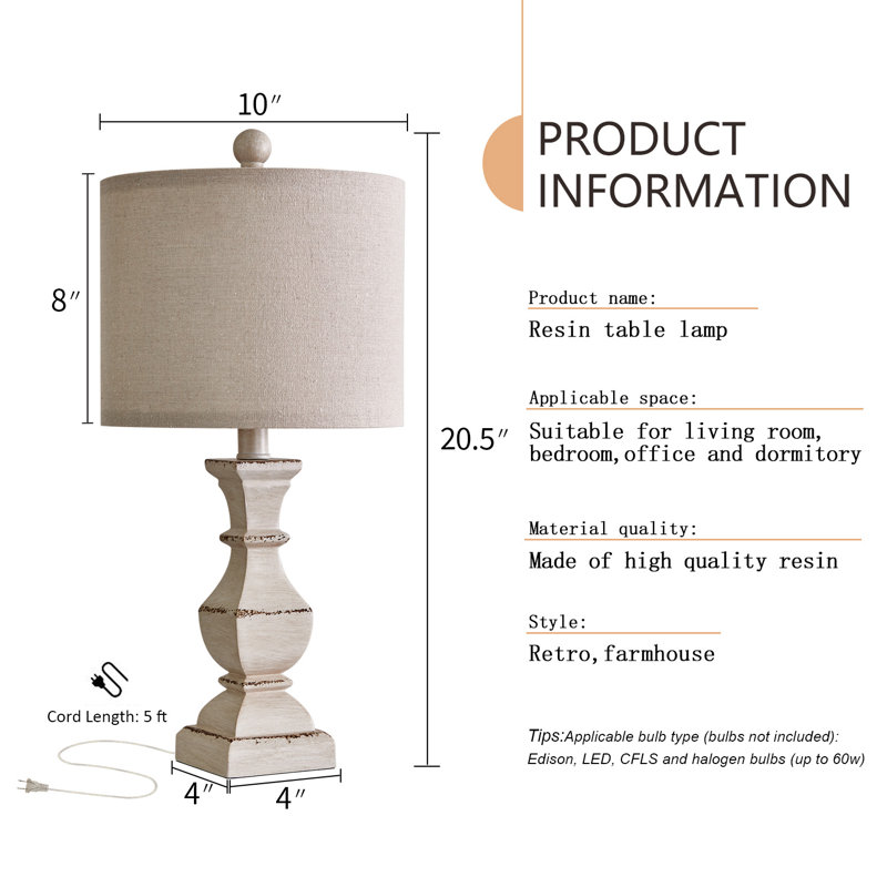Emlyn 20.5＂Traditional Antique White + Rusty Resin Lamp，Suitable for Living Room Bedroom Nightstand Office