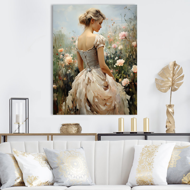 Impressionniste mode femme dans un champ de fleurs III - Dior, art mural, H 32 po x l 24 po x P 1 po, Toile tendue