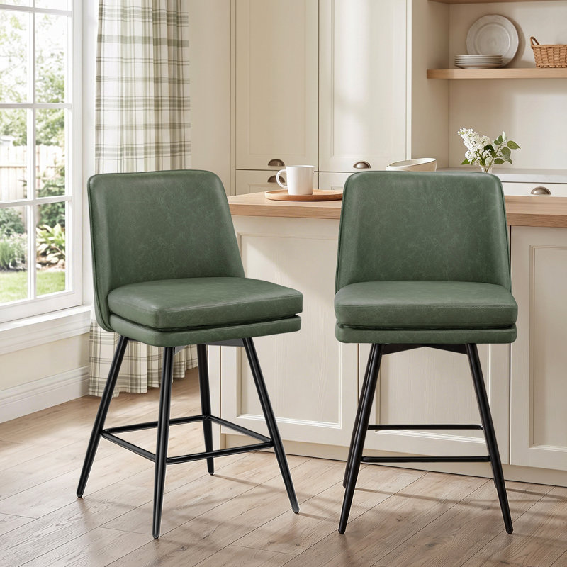 PU Leather Upholstered Swivel Counter Height Bar Stools with Backrest for Kitchen Island, Green, 2