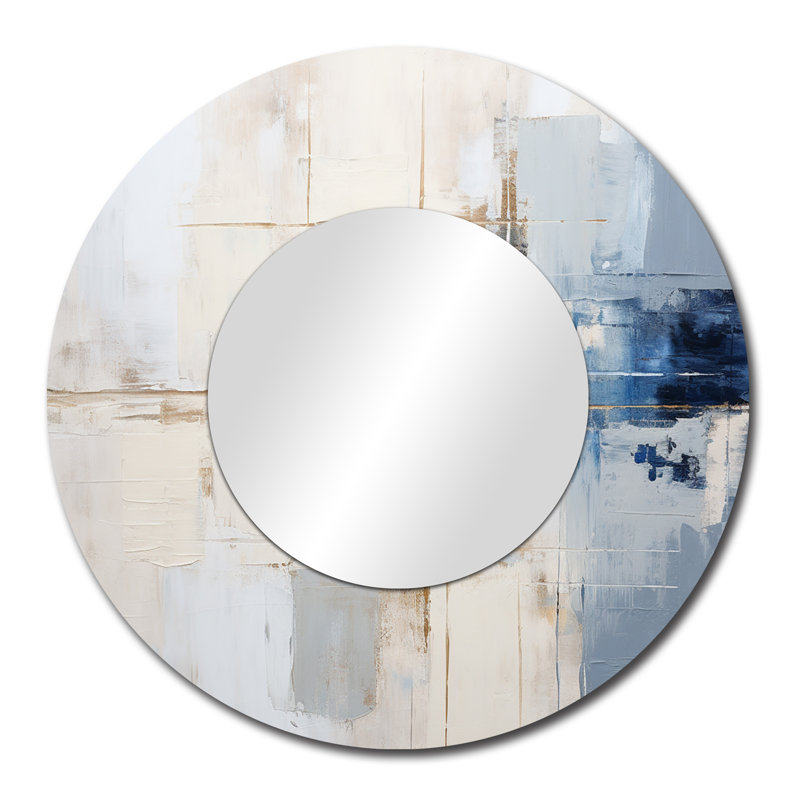 Serach White And Blue Paint Fusion - Abstract Painting Mirror, Beige Round Decorative Wall Mirror, Printed Metal Art