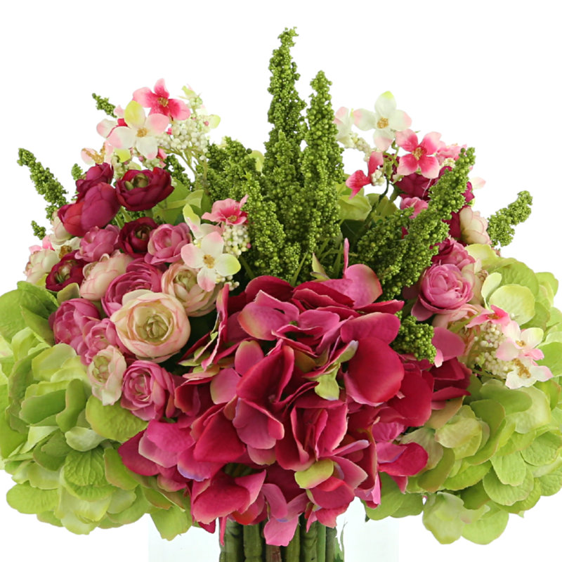 Hydrangea, Ranunculus, and Cherry Blossom Floral Arrangement in Vase, Pink/Green