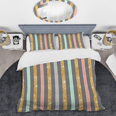Motif rayé doré et gris - Ensemble de housse de couette abstrait - Microfibre de polyester