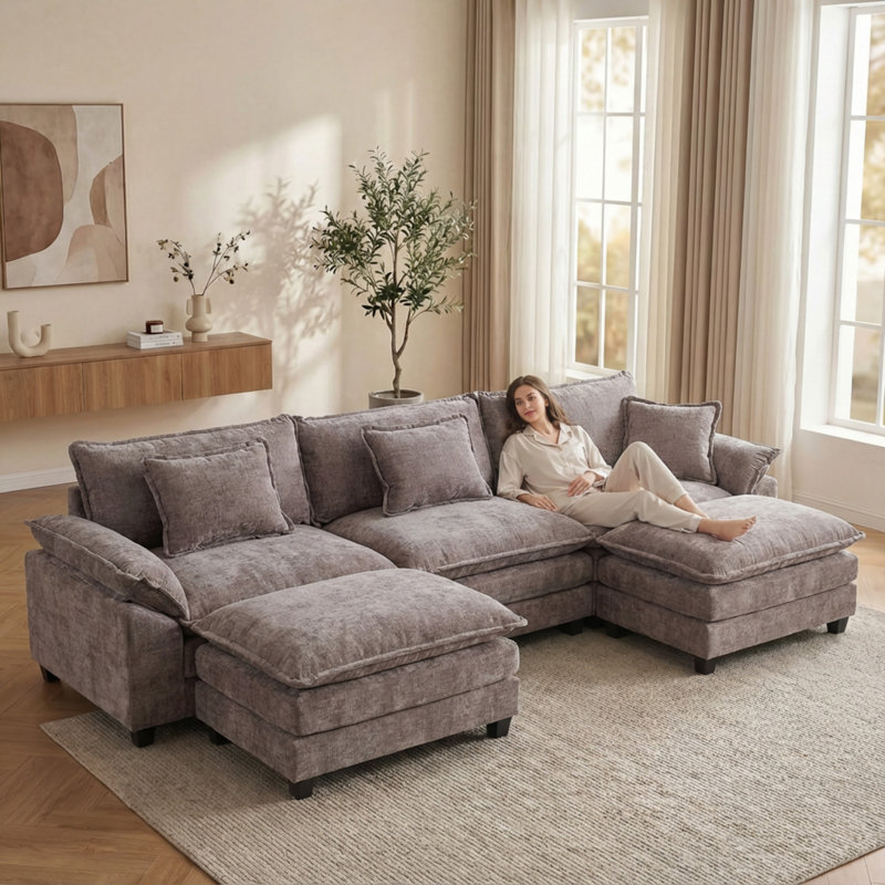 Canapé modulaire U, H 34,6 po x l 120 po x P 33,8 po, Chenille gris pâle
