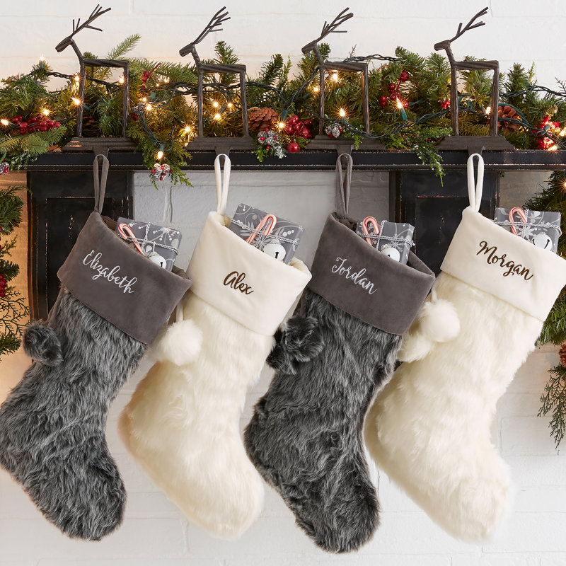 Chaussette de Noël brodée en fausse fourrure ivoire, Oui