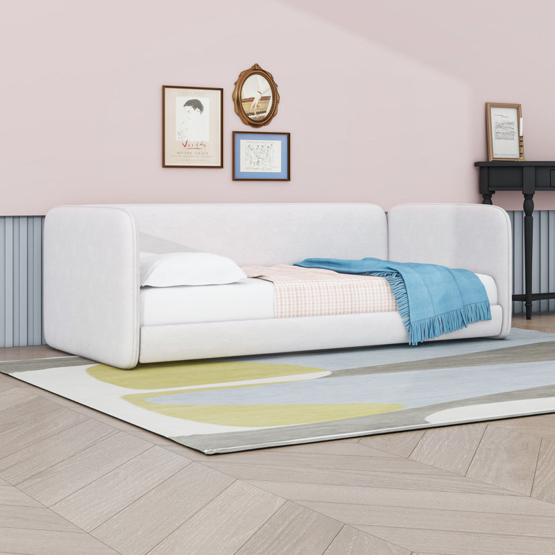 Structure de lit tapissier pour lit simple avec rails latéraux de protection, Beige