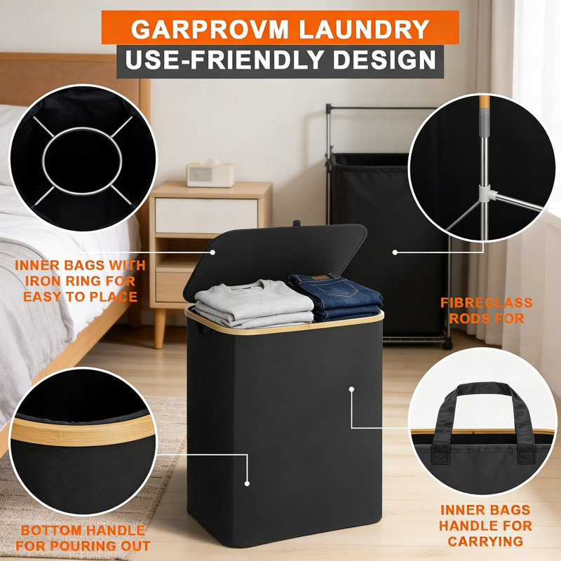 Double Laundry Hamper With Lid And Removable Liner Bags - Large 150L Foldable Clothes Basket With Bamboo Handles For Bedroom, Bathroom, Dorm, And Laundry Room Organization