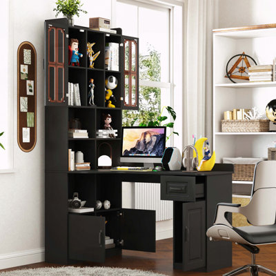 L-Shaped Corner Computer Desk with Bookshelf, Hutch, and Ample Storage