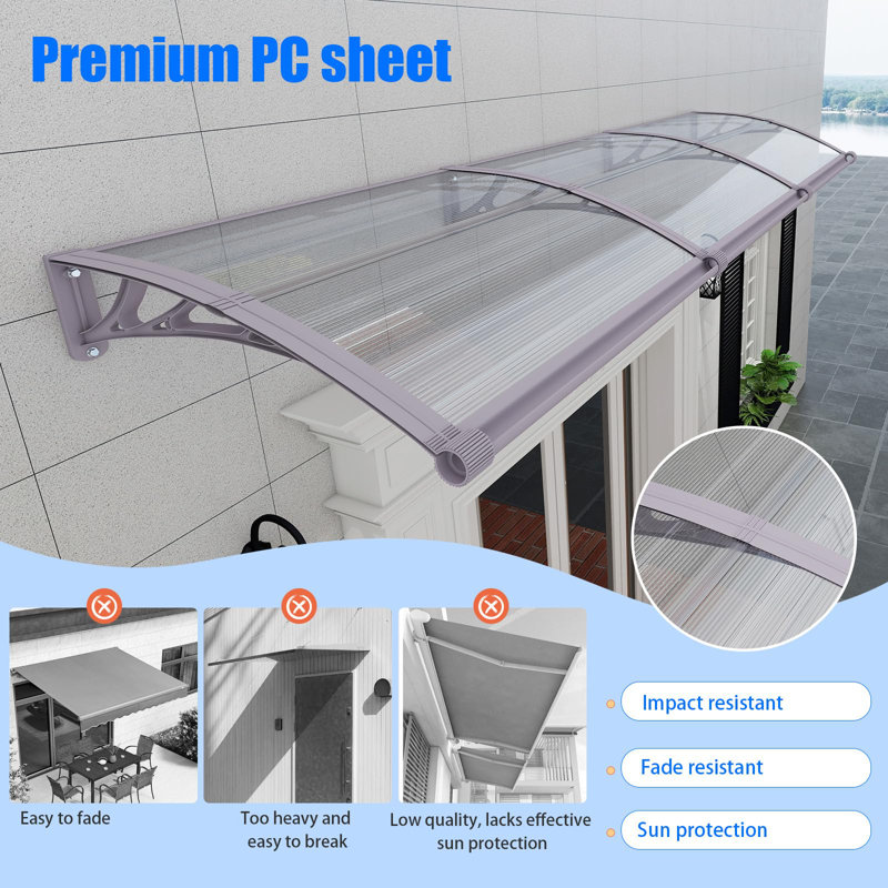GUANSU-CN Polycarbonate Cover Retractable Door / Window Awning, Clear/Grey, 80x200 cm
