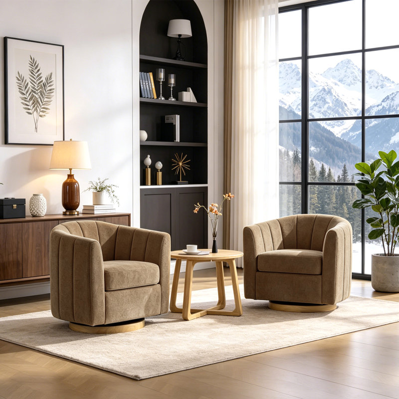 Fauteuil demi-tonneau pivotant en chenille de 31,1 po de largeur avec chenille 31,1 po avec base en bois massif (ensemble de 2)