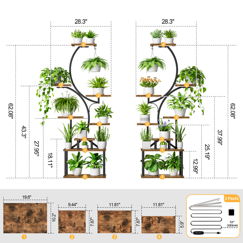 Support pour plantes d'intérieur de 157 cm avec lampe de croissance - Ensemble de 2 étagères lumineuses hautes et larges