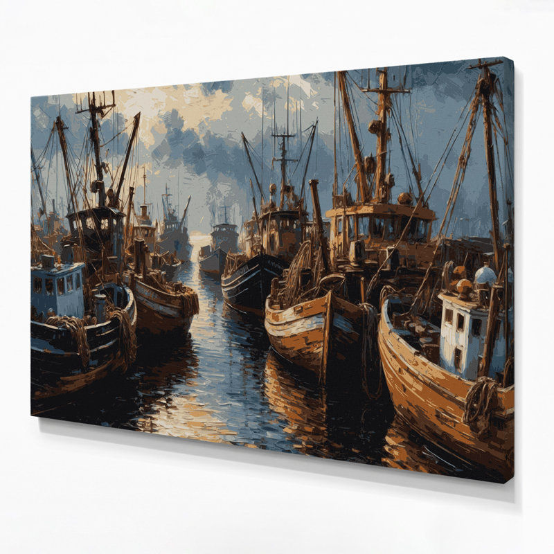 Transport, bateaux de pêche et chalutiers, art mural sur toile brune, H 24 po x l 36 po