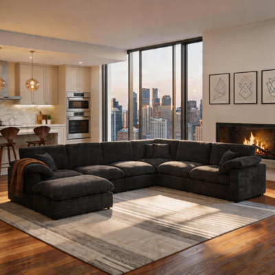 7-Piece Chenille Cloud Sectional Couches, Oversized Corner Sectional Sofa, Black