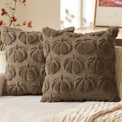 Housses de coussin automnales citrouille, 45 x 45 cm, marron coco, ensemble de 2, pour la maison. Taies d'oreiller décoratives de style ferme en fausse fourrure douce, idéales pour le porche, le canapé, le lit ou le salon.
