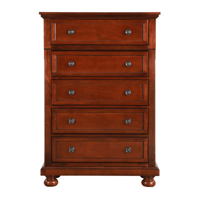 Cherry Finish Wooden Chest with Spacious Drawers, Perfect for Storage and Enhancing Home Decor.