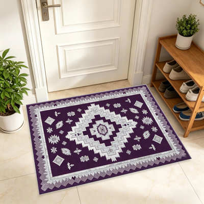 Tapis mauve à motif de médaillon argenté pour le salon, doux et confortable, adapté à toutes les saisons, facile à entretenir, tapis de sol intérieur lavable à la machine, sous la table de ferme convenant à la chambre à coucher, à la salle à manger, au bureau, au balcon, au patio de décoration intérieure