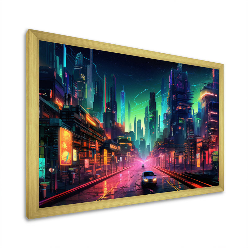 "Berlin Neon Cityscape I", reproduction d'art sur toile, H 30 po x l 40 po x P 1,5 po, Encadrement doré