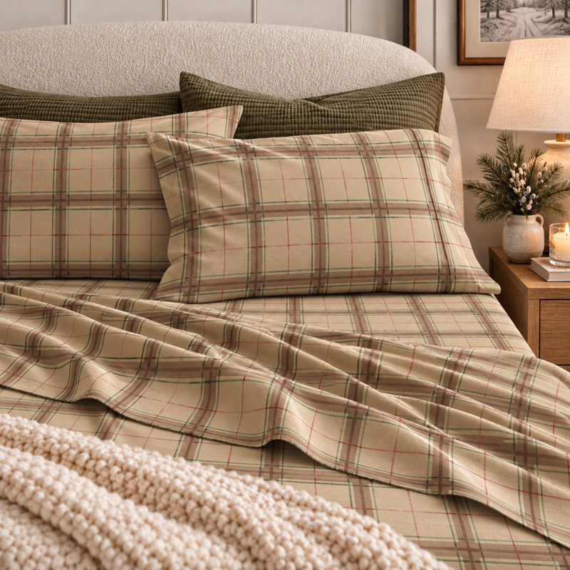 Ensemble de draps 100% flanelle de coton écossais, Ensemble de draps pour très grand lit avec 2 taie