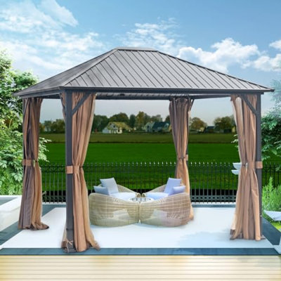 Pavillon de jardin en métal 10X12 avec toit rigide, pergola robuste avec moustiquaires et acier galvanisé, tente à auvent robuste pour l'extérieur, convient aux jardins, au patio et à la cour arrière