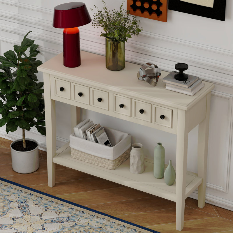 Table d'entrée avec 2 tiroirs, console rustique avec tablette ouverte et pieds en bois d'hévéa TREXM pour les entrées, les salons et les couloirs (brun clair)