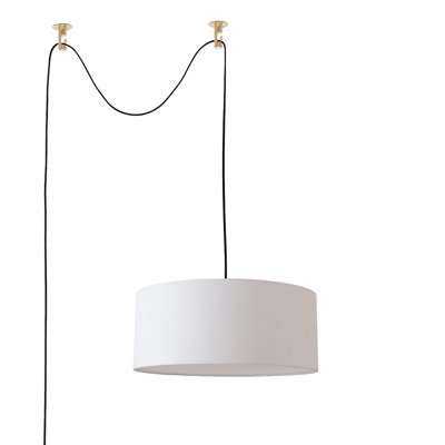 Stretch Swag Lamp, White Linen Shade, Weathered Brass, for Living Room or Bedroom
