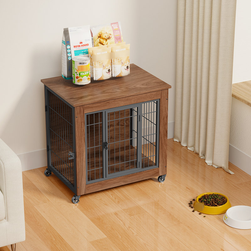 Cage pour petits chiens de 69 cm (27,2 po), robuste, à double porte, en métal avec roulettes, table d'appoint en bois, bien aérée et facile à déplacer à l'intérieur, conçue pour réduire l'anxiété et la sécurité des chiens.