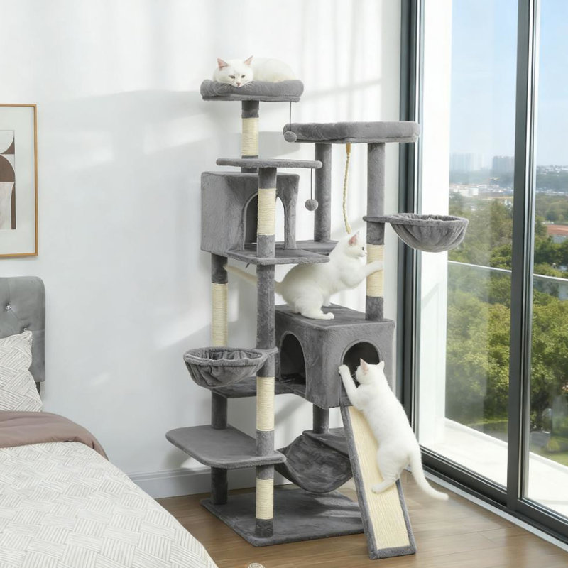 Tour pour chat à plusieurs niveaux 69 pouces avec deux condos et trois hamacs pour le divertissement félin - Socles à sangle à base large Entretien des griffes Plateforme souple 69 po Détente amusante Stable