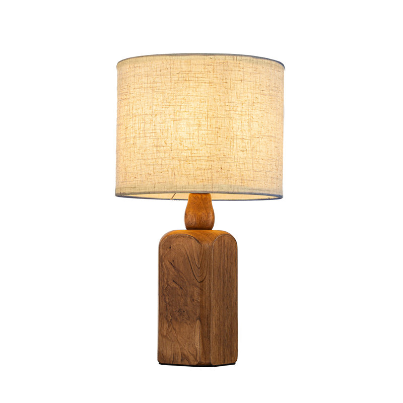 22''farmhouse Traditional Natural Solid Wood Table Lamp With Beige Fabri Drum Shade For Bedroom Living Room