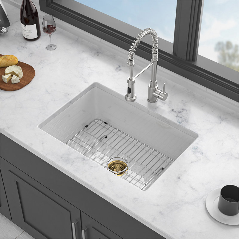 Évier de cuisine encastré à simple cuve en céramique de 27 pouces avec conception à double fixation et lavabo rectangulaire profond pour les cuisines modernes