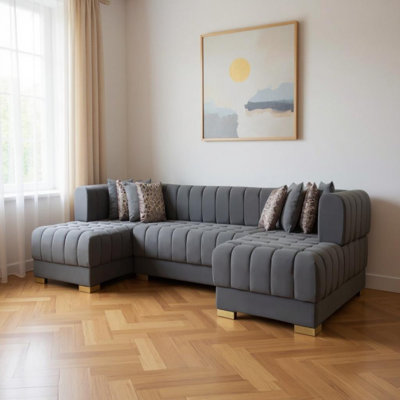 Canapé modulaire et méridienne en velours gris trois pièces avec coussins décoratifs en U
