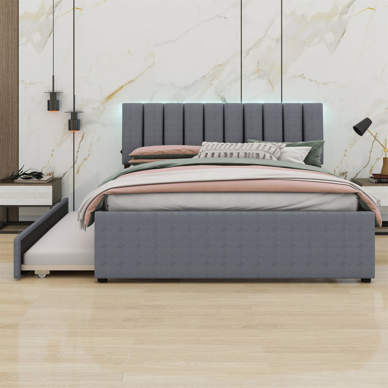 Grand lit plateforme tapissier en molleton avec gigogne, Grand, Gris
