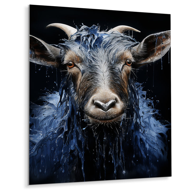 Portrait de chèvre céleste bleu - Art mural en métal animal de chèvre, H 20 po x l 12 po x P 1 po