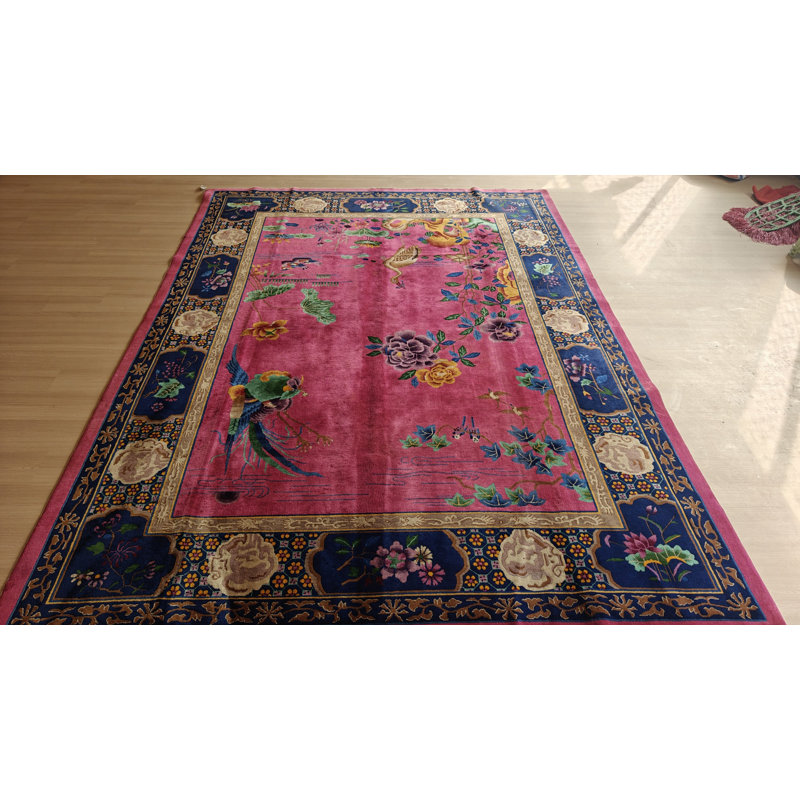 Hand Knotted Wool Floral Area Rug in Pink